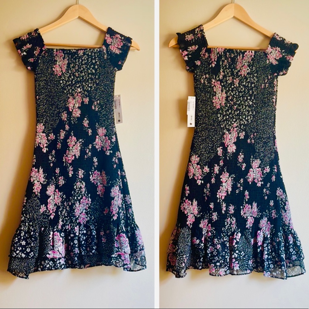 NWT (XS) Black pink floral smocked mini dress ruffle hem double square neck